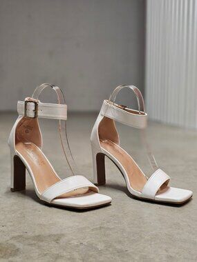 Strappy White Block Heel Sandals With Ankle Strap Buckle Bella Marie Womens Shoe